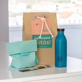 Conjunto "Sustentabilidade para Tótos" - Palhinha FairStraw + Urban Bottle 500ml Atlantic Bay + Snack'n'go Nature Green